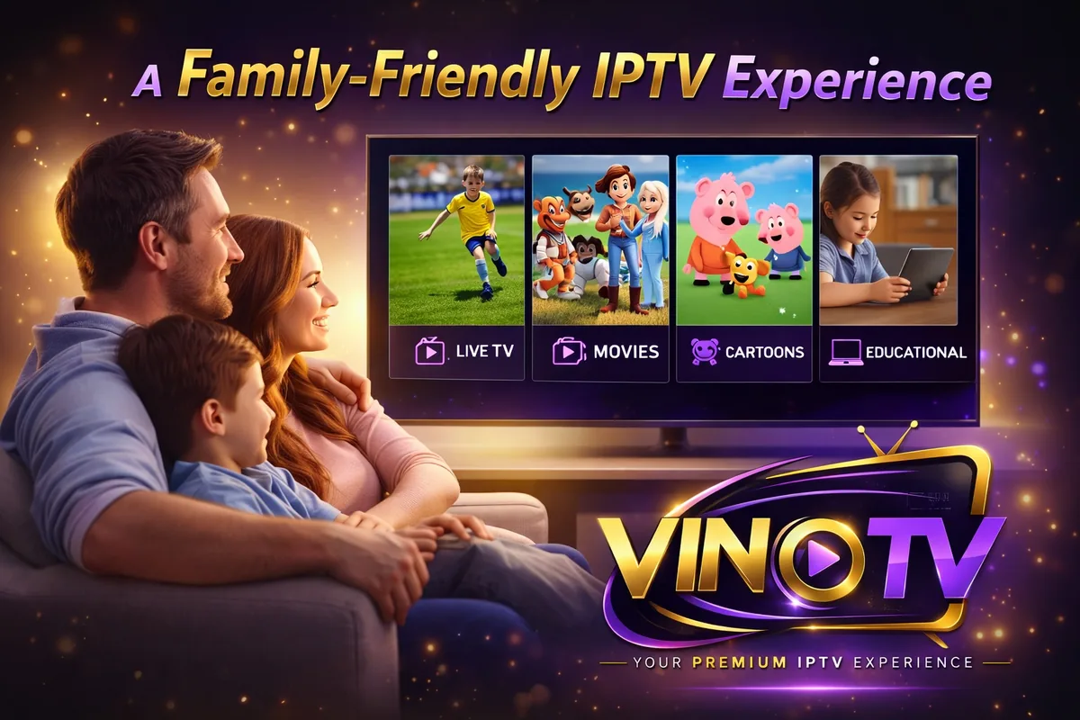 Family watching family-friendly IPTV channels together at home